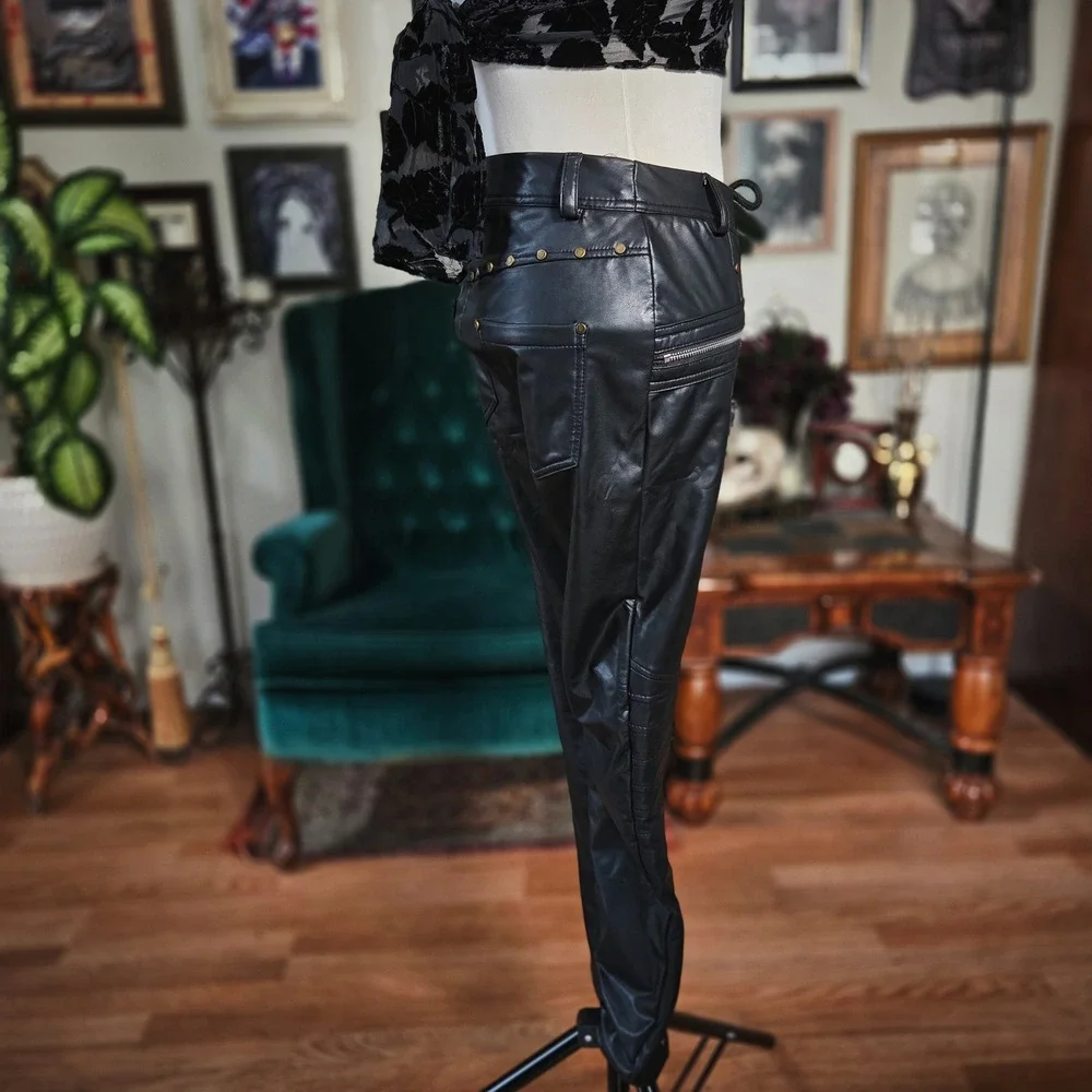 Faux Leather Biker Pants Black Lace Up Front Studded Moto Trousers Women Medium